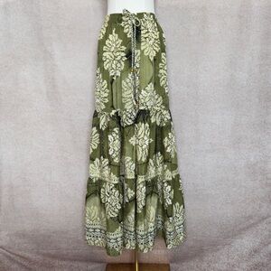 Silk Elegant Flowy Olive Green Wide Leg Pants with Romantic Floral Print